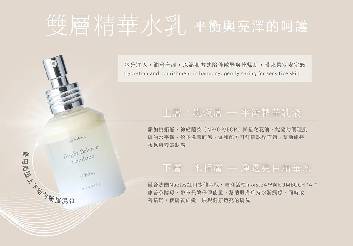 修護水乳液 sometimes 平衡油水 雙層精華 均勻混合 適合外油內乾敏弱肌 功能說明